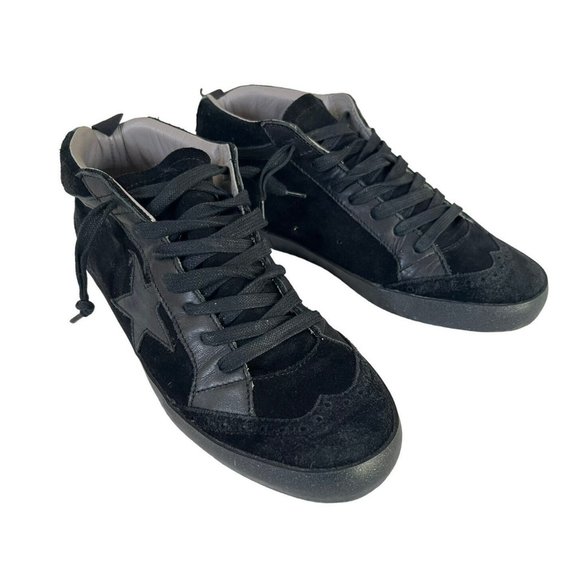 Golden Goose Mid Star Black Wing Tip Sneakers with Black Stars & Soles Sz 38 - Picture 1 of 12